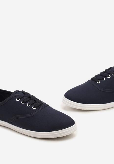 Granatowe Sznurowane Tenisówki na Płaskiej Podeszwie z Materiału w Kropki Harnisa