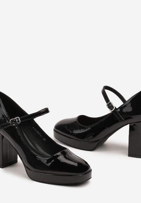 Czarne Półbuty Lakierowane na Słupku Mary Jane Ozdobione Sprzączką Kivana
