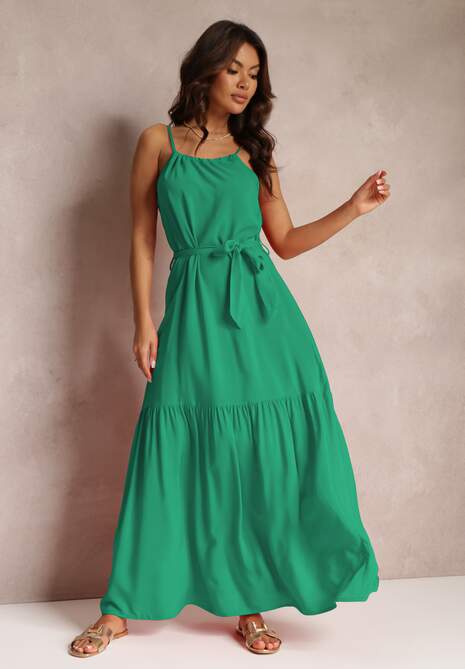 Zielona Rozkloszowana Sukienka na Ramiączkach z Wiązanym Paskiem Diadite