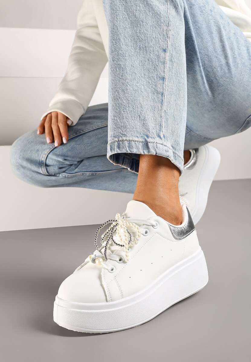Biało-Szampańskie Sneakersy na Platformie z Perełkami i Metalowymi Kuleczkami Selavia
