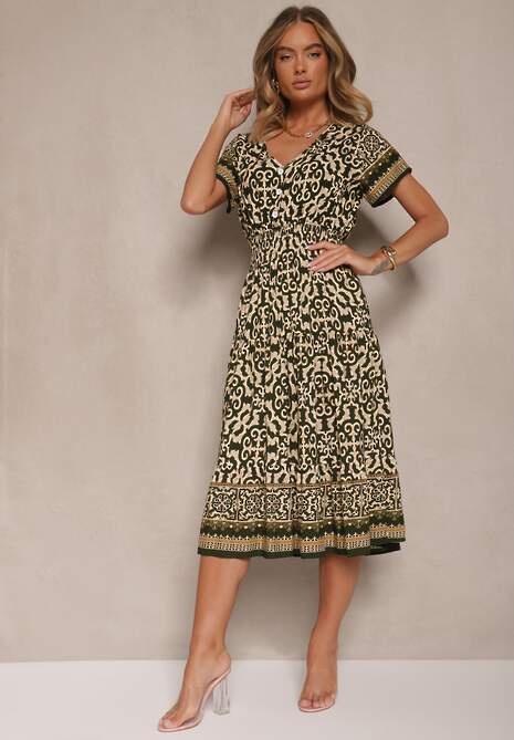 Zielono-Beżowa Sukienka z Bawełny z Gumką w Pasie i Ozdobnymi Guzikami Natifarela