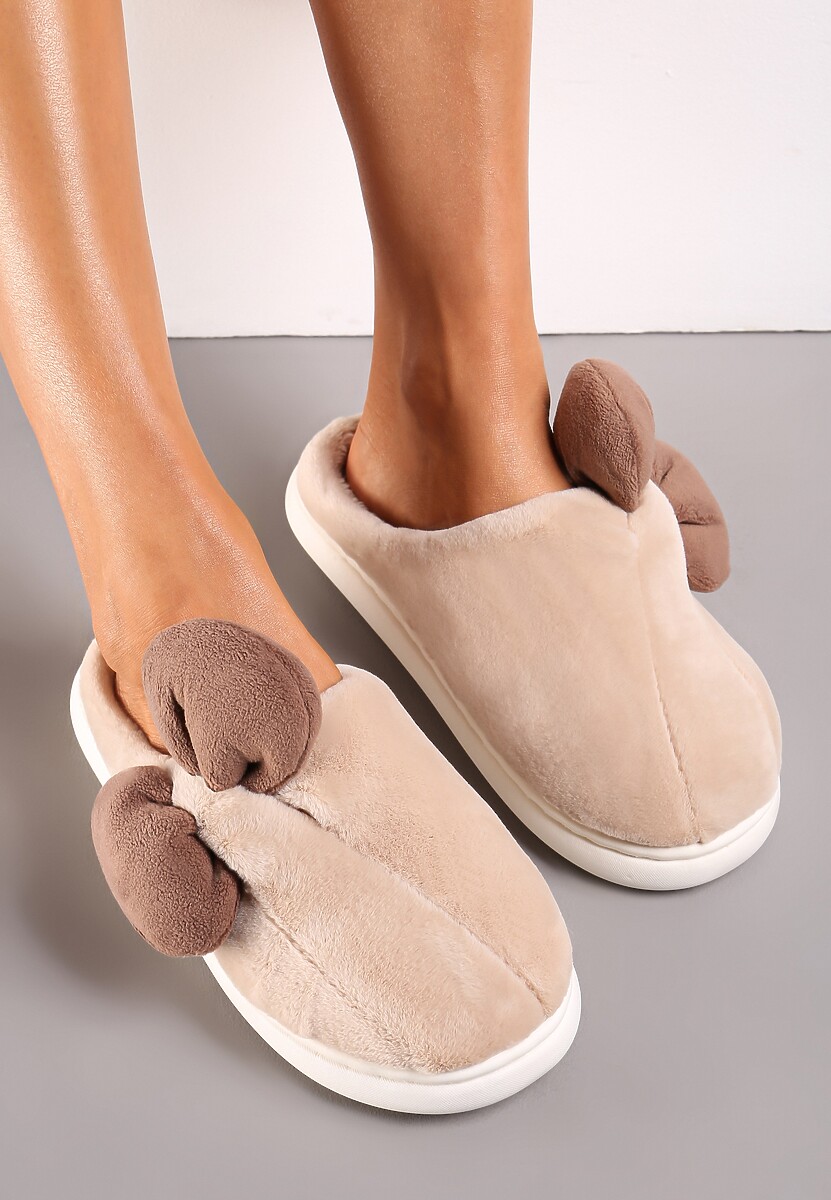 Beżowe Futerkowe Kapcie z Pluszową Kokardką Vlemona