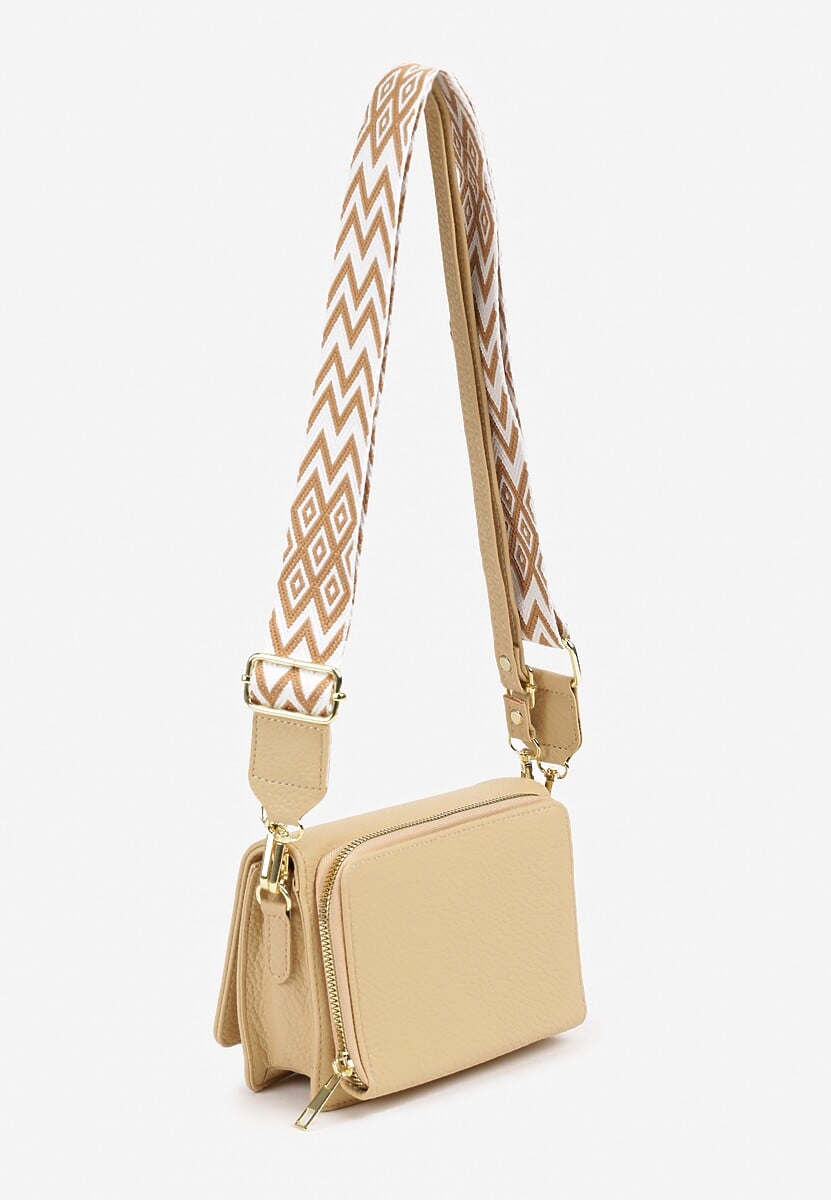 Beżowa Torebka na Ramię z Odpinanym Paskiem Metaliczną Aplikacją i Portmonetką Siawenna