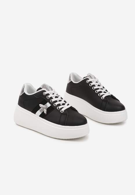 Czarne Sneakersy z Ozdobną Aplikacją Owada z Przeszyciami na Platformie Ommea