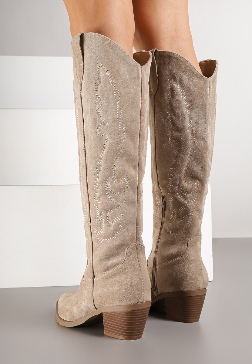 Ciemnobeżowe Kozaki Kowbojki w Klasycznym Stylu z Imitacji Zamszu Lataselia