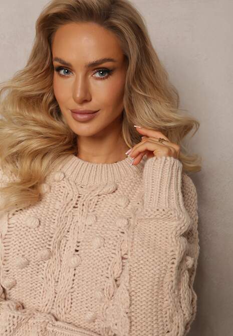 Beżowy Grubo Pleciony Sweter z Wełną i Bawełną Bavime
