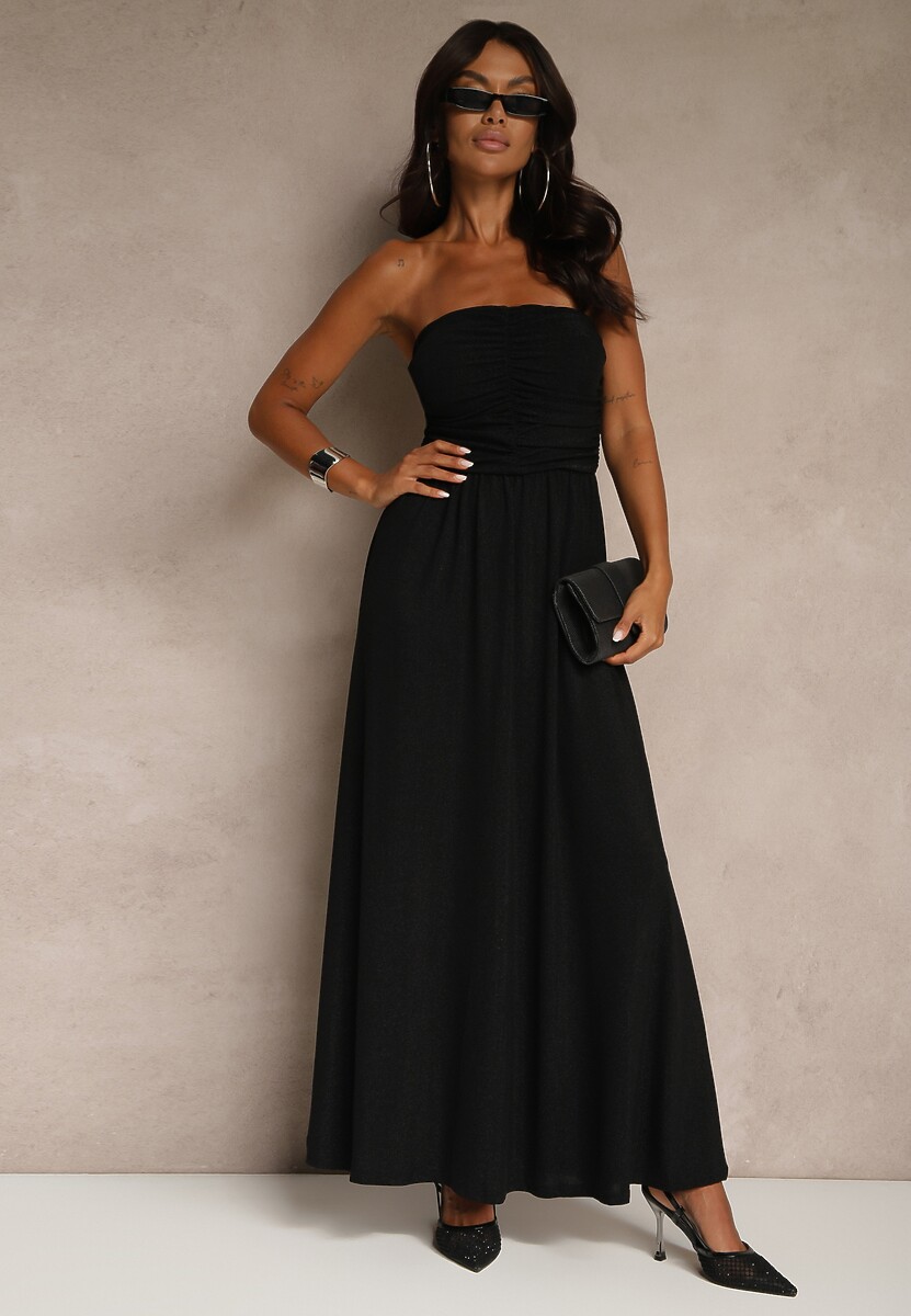 Czarna Marszczona Koktajlowa Sukienka Bandeau z Wiskozą Nalirion