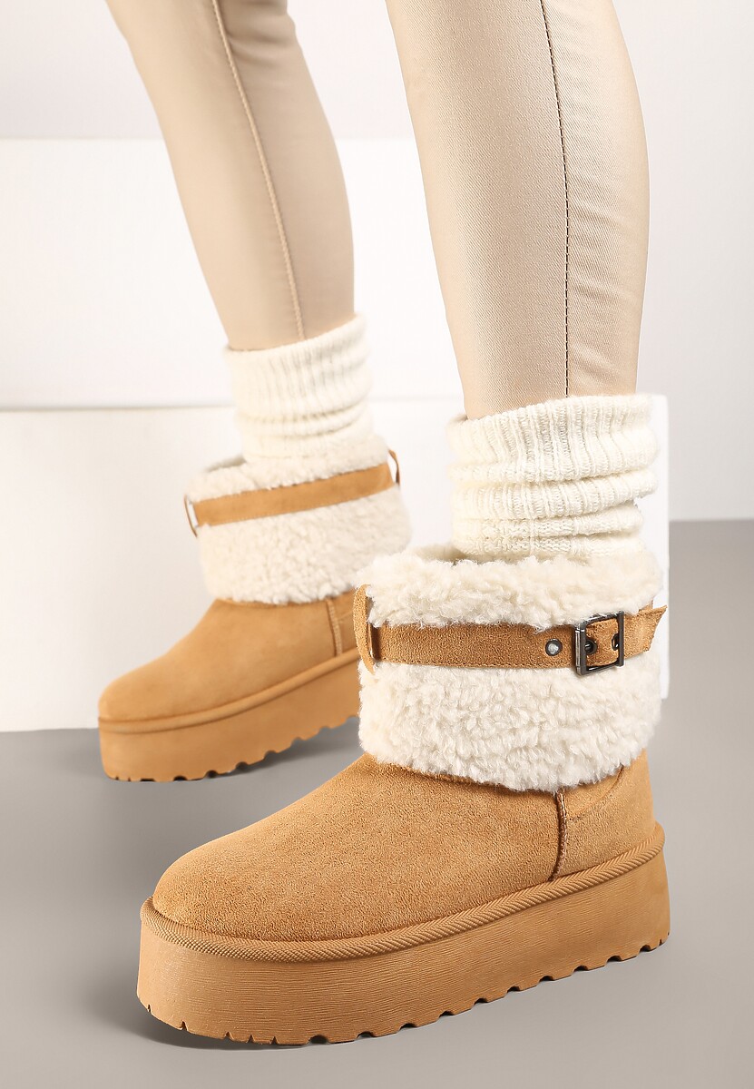 Brązowe Śniegowce na Platformie Ozdobione Metaliczną Klamrą i Futerkiem w Stylu Baranka Anelavia