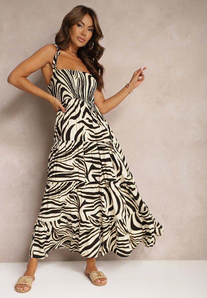 Czarno-Beżowa Sukienka z Wiskozy na Ramiączkach o Rozkloszowanym Kroju Odcinana pod Biustem Mezorea