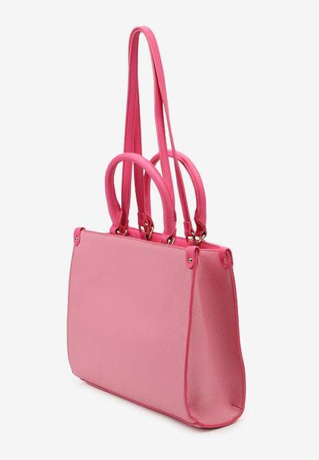 Różowa Torebka z Podwójną Rączką Naszytą Komorą i Metalowymi Detalami Htirma
