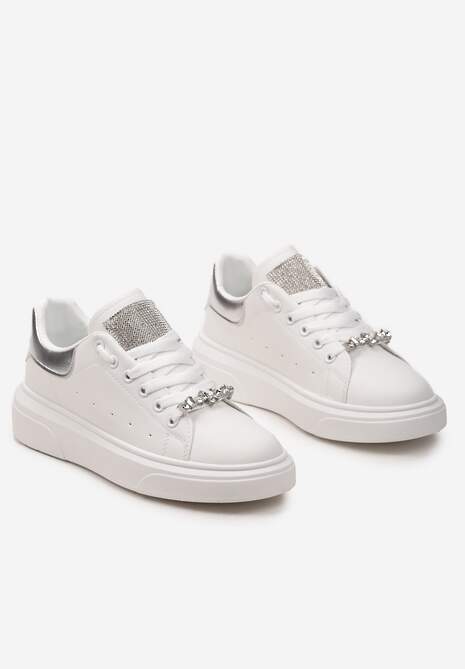 Biało-Srebrne Sneakersy z Cyrkoniami na Języku i Odpinaną Biżuteryjną Aplikacją na Sznurówkach Coletti
