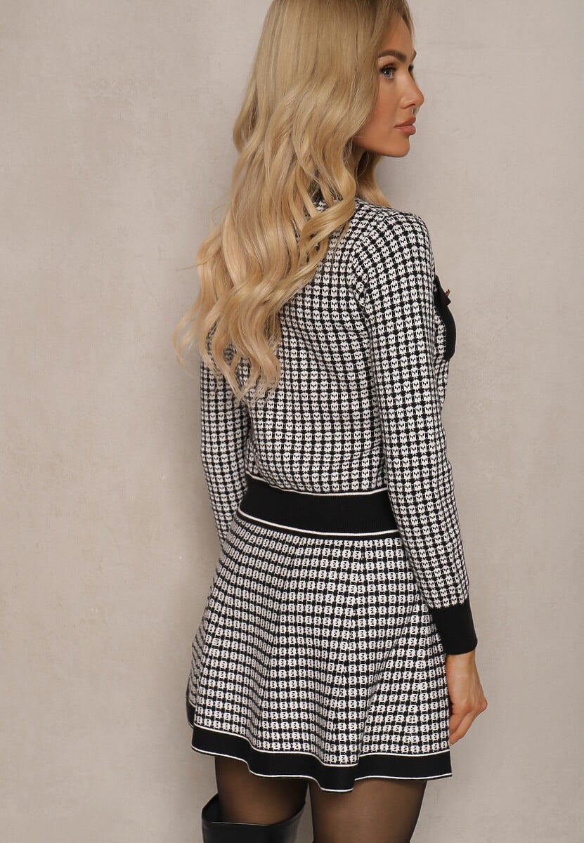 Czarno-Biały Komplet z Dzianiny Rozkloszowana Spódniczka i Rozpinany Kardigan Zemida