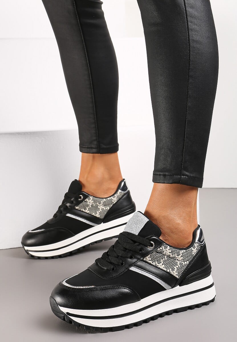 Czarne Sneakersy z Materiałowymi Wstawkami na Grubej Podeszwie Ozdobione Brokatem Zirnna