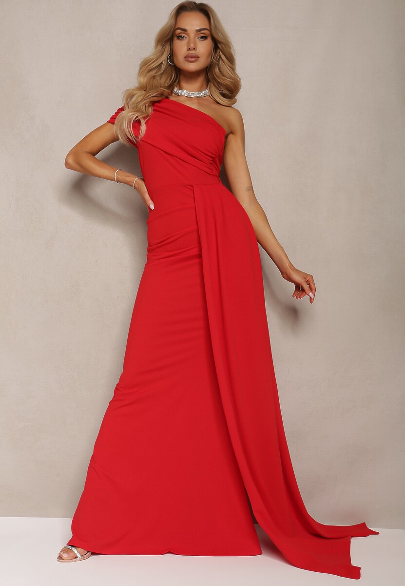 Czerwona Sukienka Maxi bez Ramiączek z Ozdobnym Trenem i Marszczeniem Kaliel