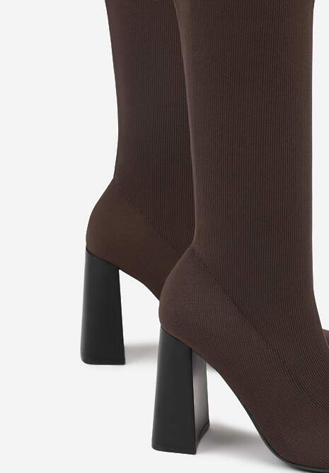 Brązowe Kozaki VICES na Słupku ze Skarpetkową Cholewką Zevona