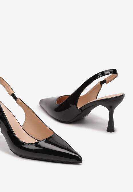 Czarne Sandały na Obcasie ze Szpiczastym Noskiem i Paskiem przy Pięcie Deovienne