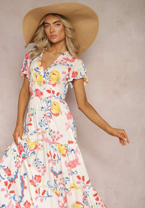 Biała Kwiatowa Sukienka o Rozkloszowanym Fasonie Maxi z Wiskozy z Falbanką Acatie