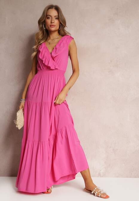 Fuksjowa Rozkloszowana Sukienka Maxi z Gumką w Talii i Falbanką Laylani