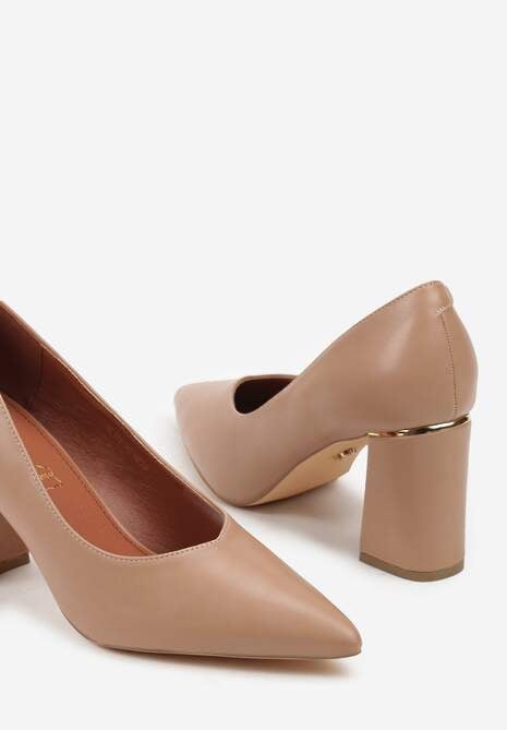 Beżowe Czółenka Vices na Geometrycznym Słupku ze Skórzaną Wkładką Modvire