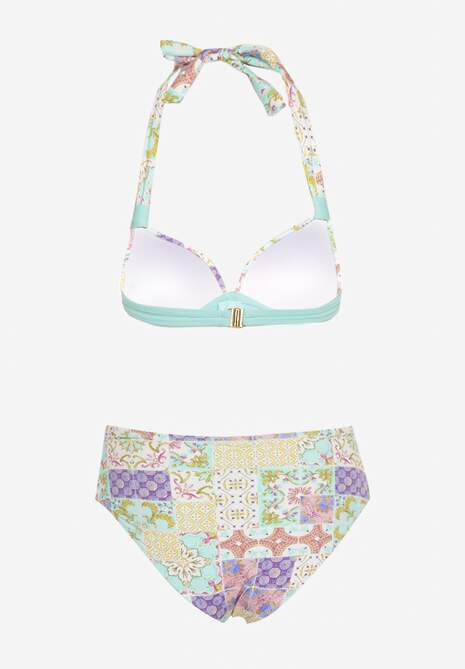 Niebiesko-Beżowe Bikini w Mozaikowy Wzór z Biżuteryjną Klamerką Vextella