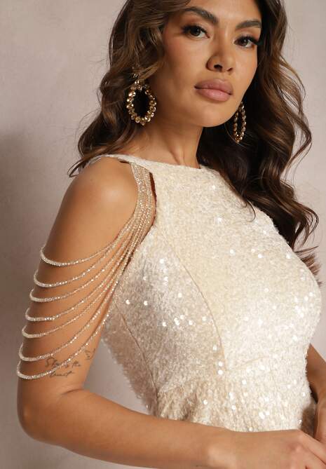 Beżowa Cekinowa Sukienka Midi z Koralikami i Rozcięciem Sustara