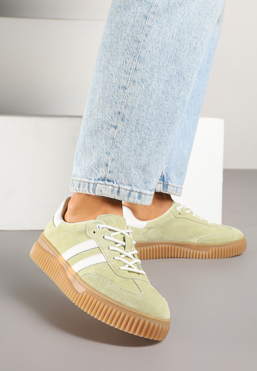 Jasnozielone Sneakersy z Zamszu na Niskiej Platformie Tenafina