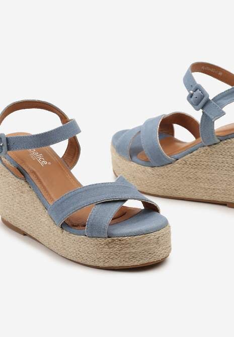 Niebieskie Casualowe Sandały na Koturnie w Stylu Boho Zapinane przy Kostce Vilennia