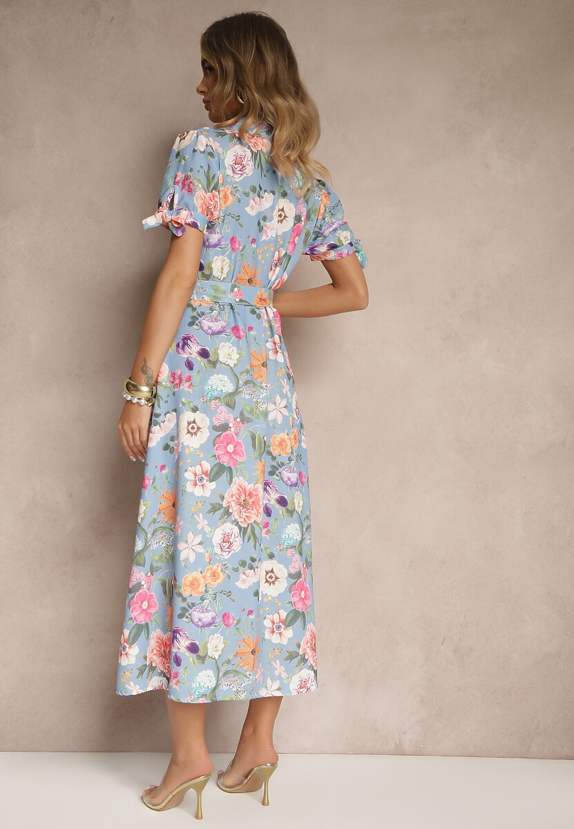 Jasnoniebieska Koszulowa Sukienka w Kwiaty o Rozkloszowanym Fasonie z Paskiem Fevalirra