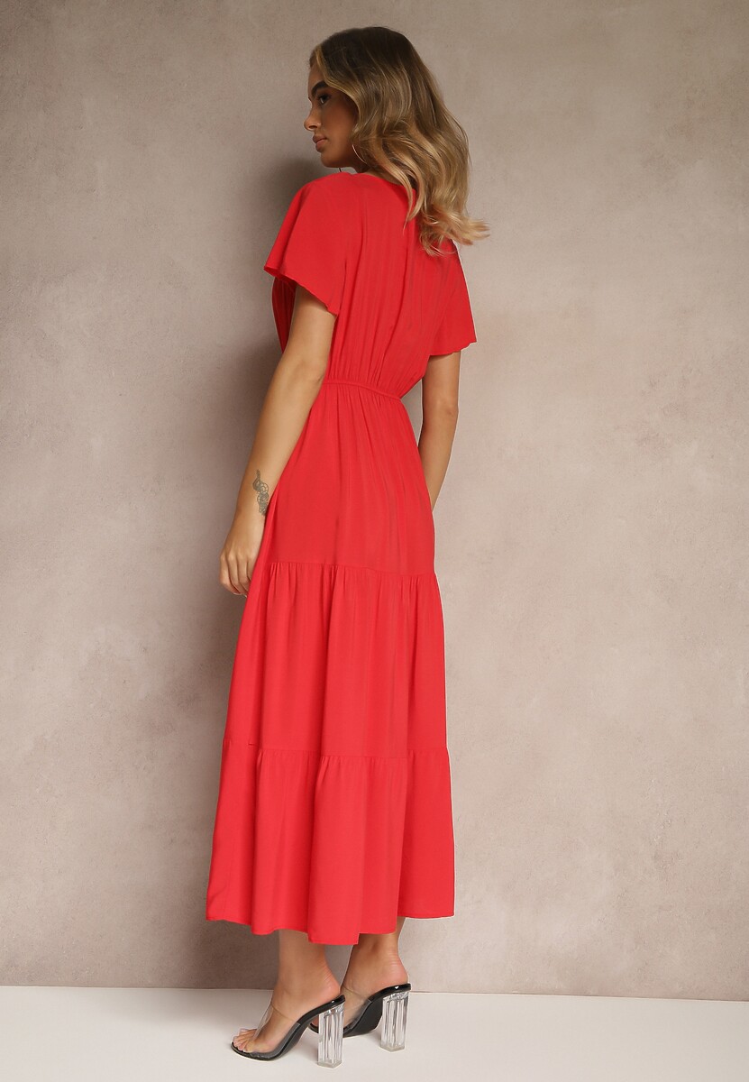 Czerwona Sukienka z Wiskozy o Rozkloszowanym Kroju z Falbanami Jonmy