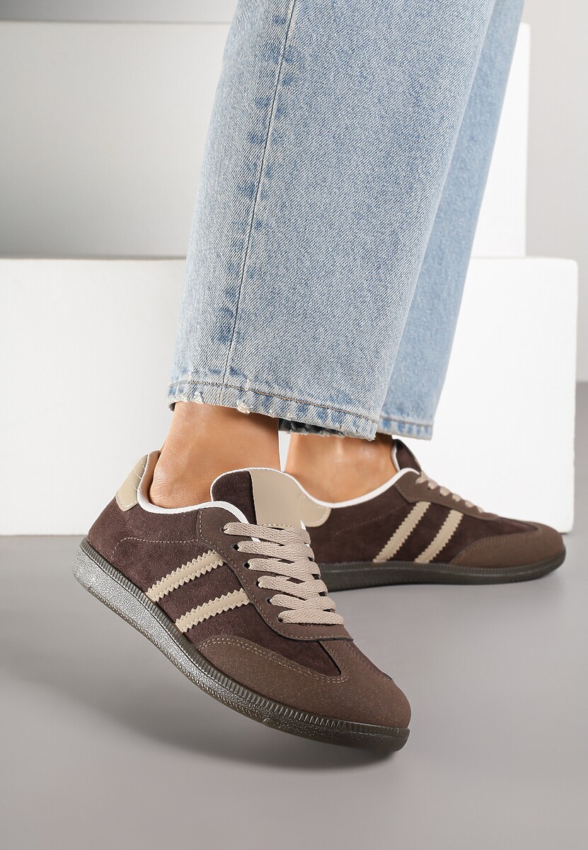 Brązowe Casualowe Sneakersy z Ekozamszu na Płaskiej Podeszwie Pemeriana