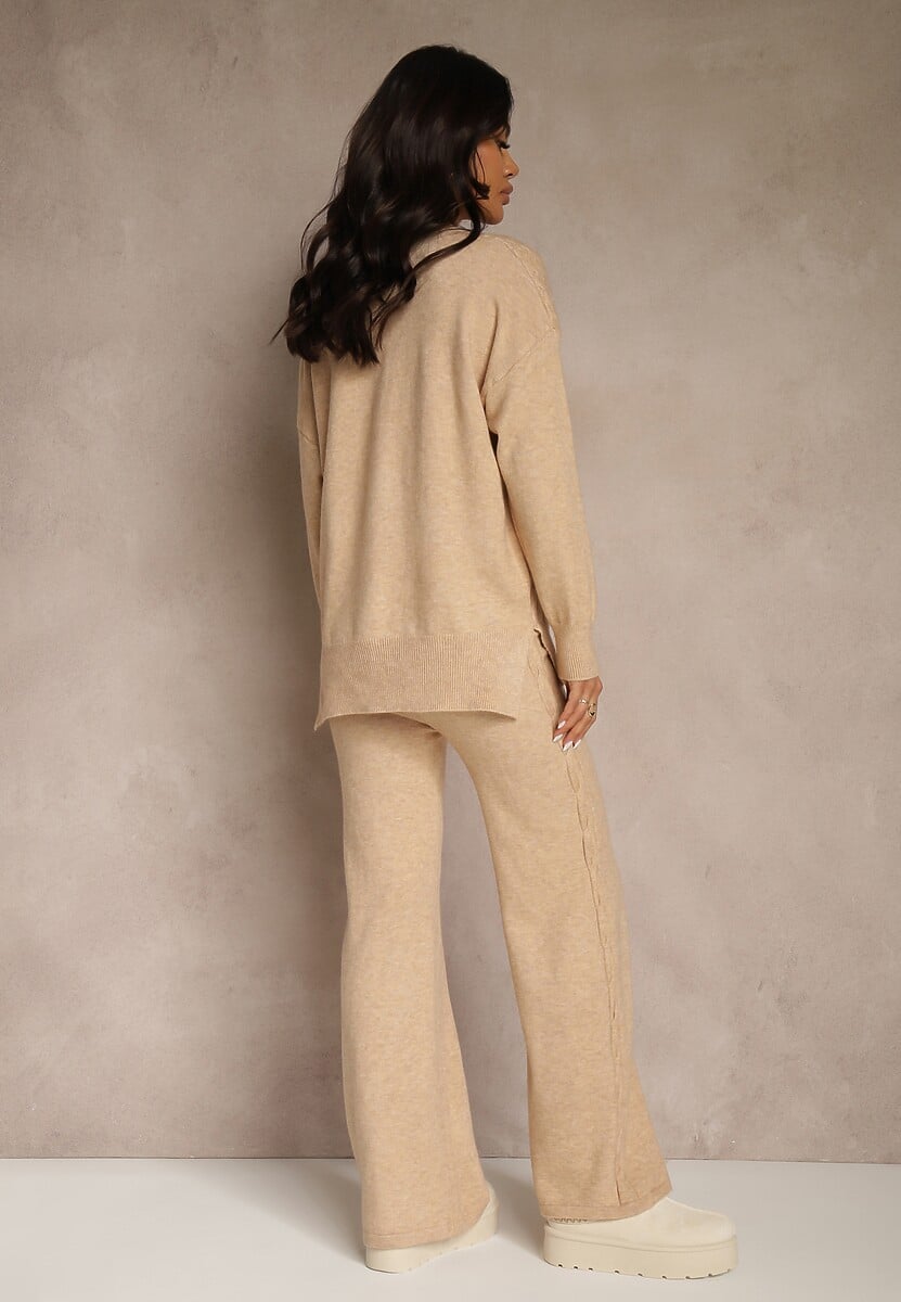Beżowy Dzianinowy Komplet z Wełną w Warkoczowy Splot Spodnie i Sweter Reinette