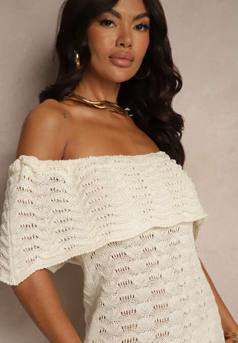 Beżowa Sukienka Hiszpanka z Ażurowej Tkaniny z Ozdobnym Dekoltem Filadella