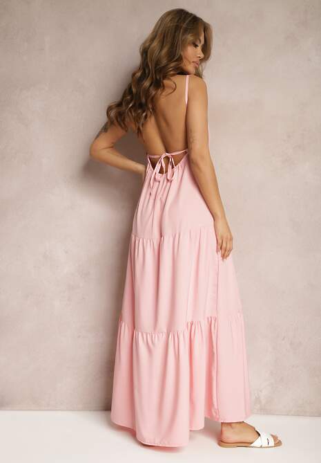 Różowa Sukienka o Rozkloszowanym Fasonie Wiązana i Wykończona Gumką z Tyłu Hililena