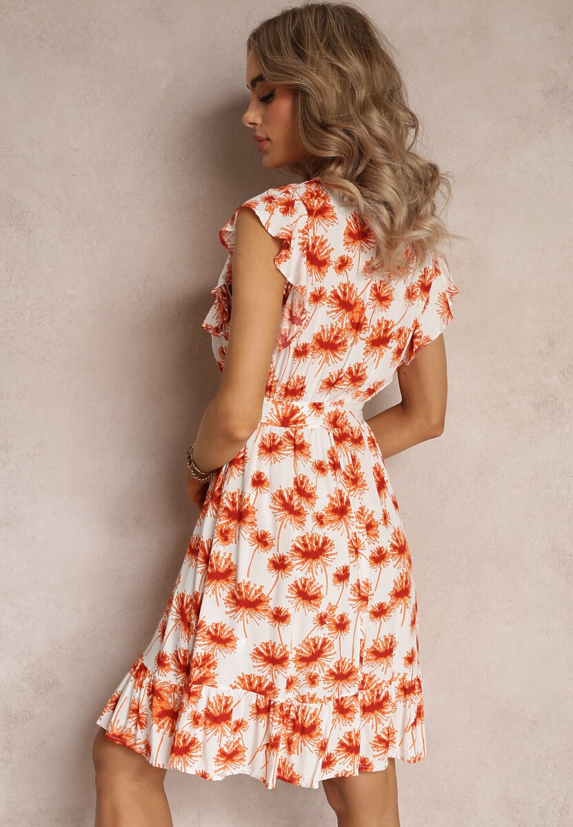 Czerwona Rozkloszowana Sukienka z Falbanką w Kwiaty Iletes