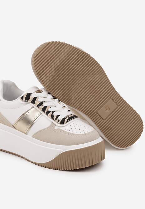 Biało-Beżowe Sneakersy na Platformie z Metalicznym Zdobieniem i Printem w Zebrę Fonarien