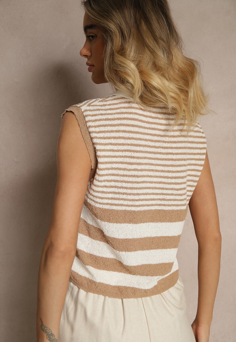 Beżowa Bluzka z Dzianiny w Paski o Kroju Bez Rękawów z Kołnierzykiem Kolarosea