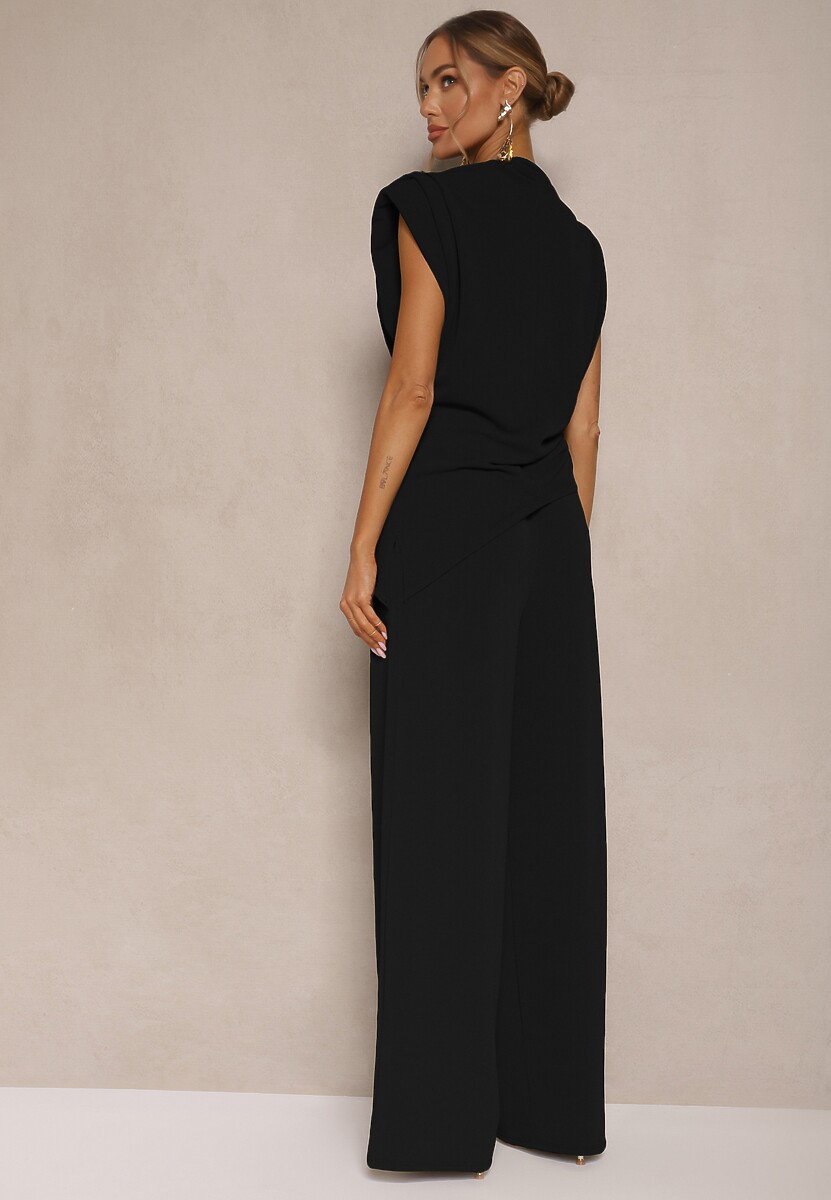 Czarny Komplet Bluzka z Poduszkami w Ramionach i Proste Spodnie z Gumką w Pasie Divanes