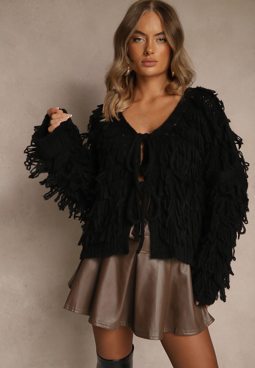 Brązowy Kardigan z Wiązaniem i Frędzlami z Domieszką Wełny i Wiskozy Tiseana