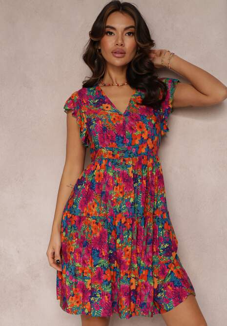 Fuksjowa Wiskozowa Sukienka Mini z Falbaną Linne