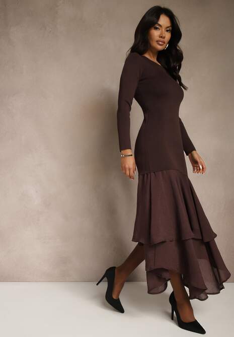 Brązowa Dopasowana Sukienka z Wiskozą Zdobiona Falbankami u Dołu Setra