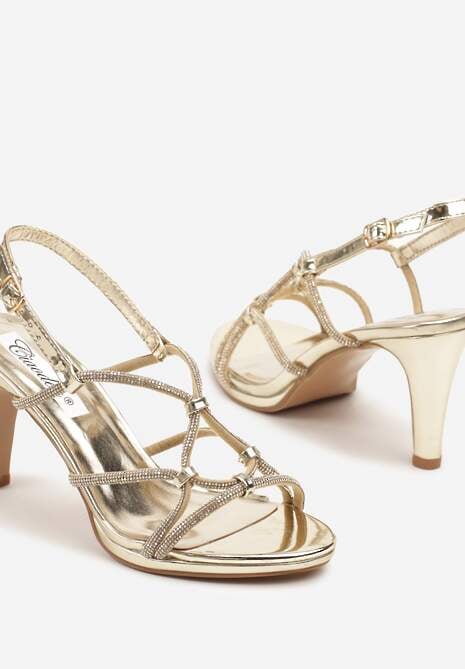 Złote Lakierowane Szpilki Sandały z Cyrkoniowymi Paskami Zivelle