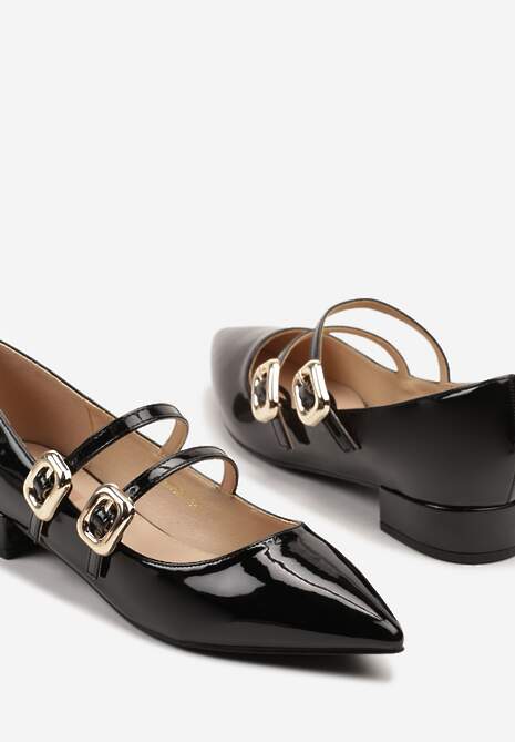 Czarne Lakierowane Czółenka z Paskami na Sprzączkę i Noskiem w Szpic Odane