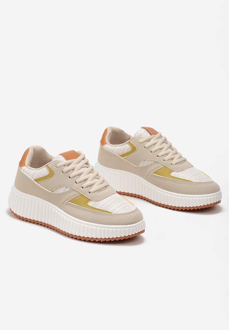 Beżowe Sneakersy na Ozdobnej Grubej podeszwie z Brokatem Gelnia