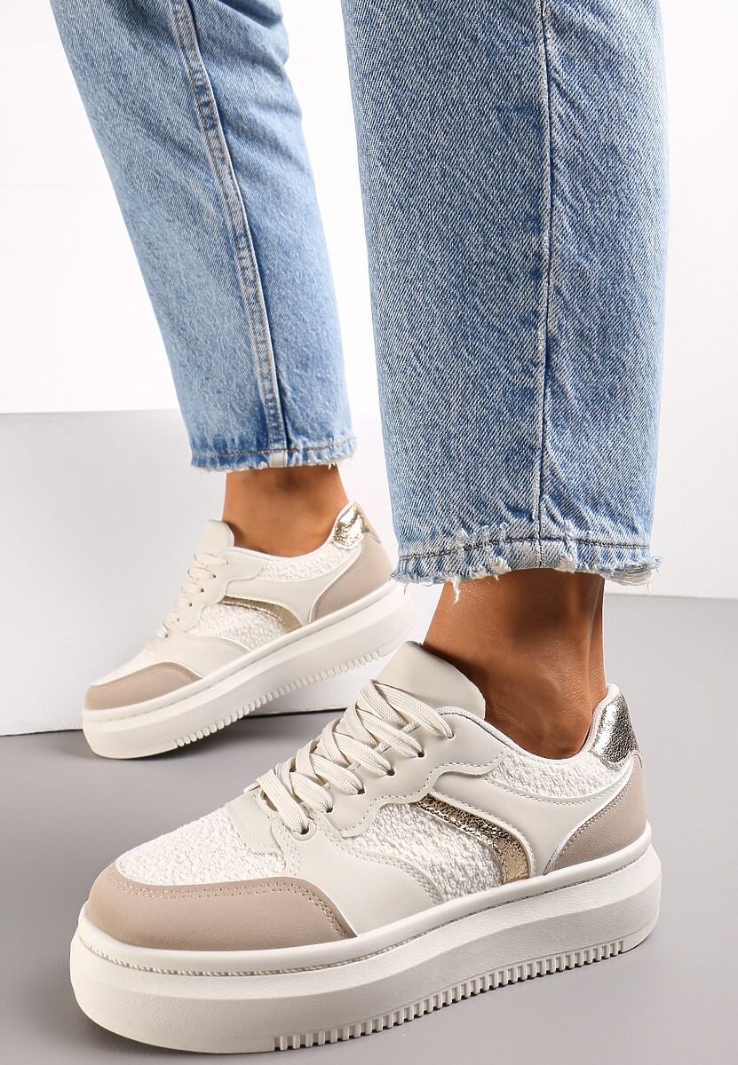 Beżowe Płaskie Sneakersy na Grubej Podeszwie z Metalicznymi Wstawkami Odelita