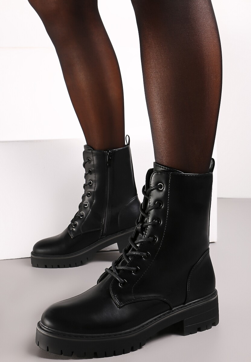 Czarne Botki Workery Ocieplone z Dodatkowym Sznurowaniem Nomineva