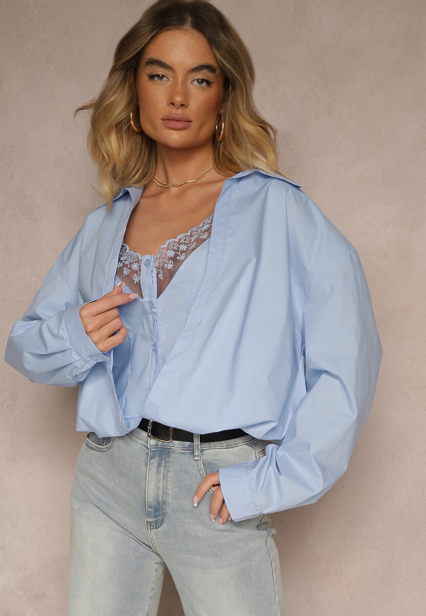 Biała 2w1 Koszula z Bawełny i Top  na Ramiączkach z Koronką Telowena