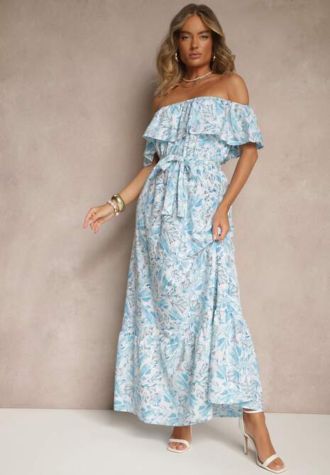 Niebieska Kwiatowa Sukienka Typu Hiszpanka z Bawełną Tiarice