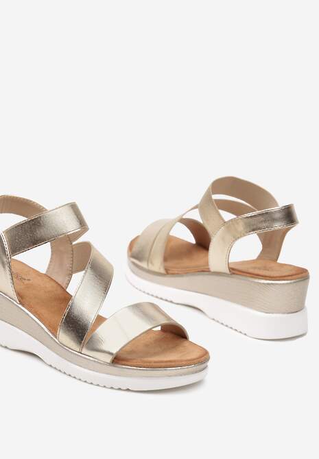 Złote Casualowe Sandały na Niskim Koturnie z Brokatem i Elastycznym Paskiem Thani