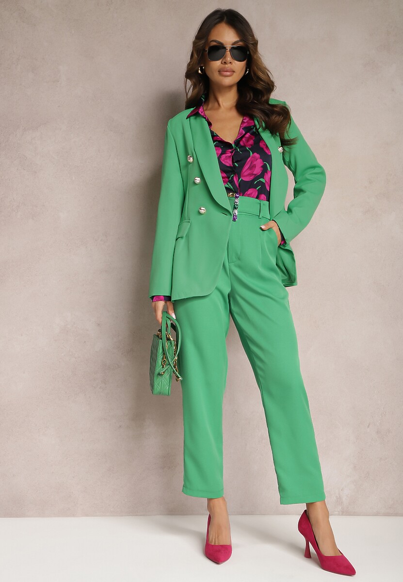 Zielone Spodnie Cygaretki z Wysokim Stanem i Materiałowym Paskiem z Cyrkoniami Marintta