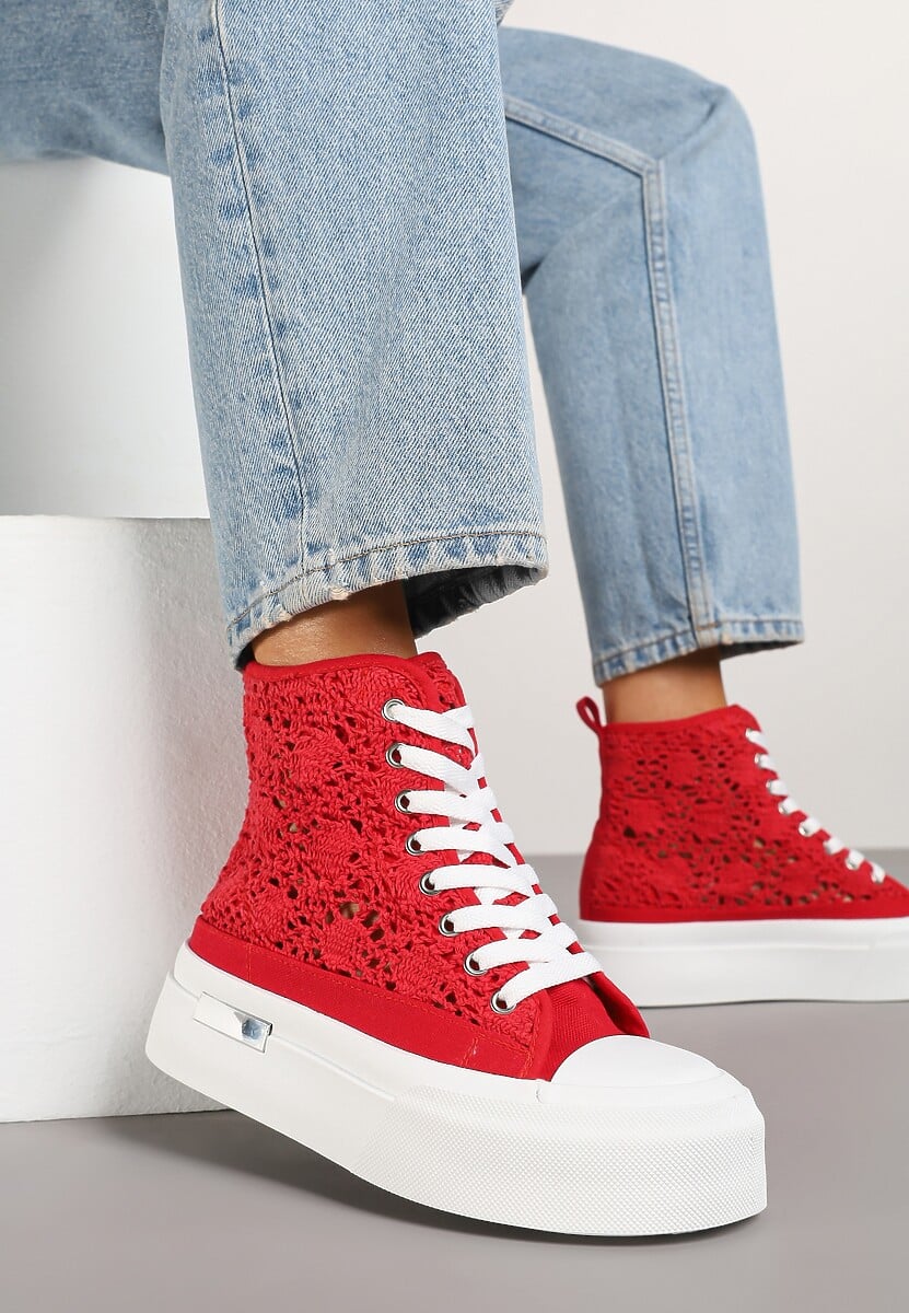Czerwone Trampki na Platformie z Wysoką Ażurową Cholewką Velgisia